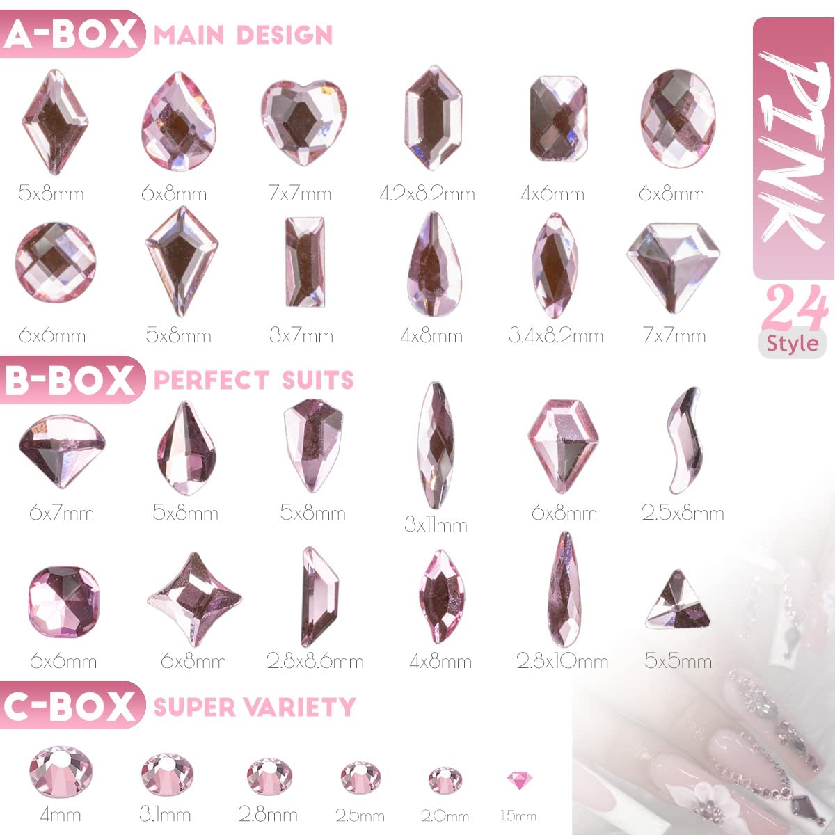 3 Boxes Light Pink Nail Rhinestones 240 Multi-Shapes Flatback Big Gems Round Beads K9 Glass Stones Diamonds Jewels Nail Art Charms for Nails Face Eyes Makeup DIY Crafts Tumblers Bottles Clothes