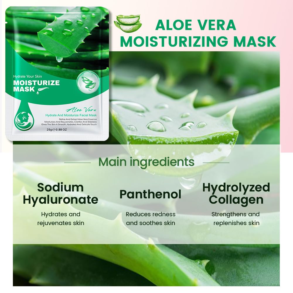 8 Pack Aloe Face Sheet Mask Skincare,Hydrating Face Mask For Sensitive Skin,Moisturize,Soothing,Nourish for All Skin Types,Natural Spa Party Facial Mask Skincare Set for Women Men Girls