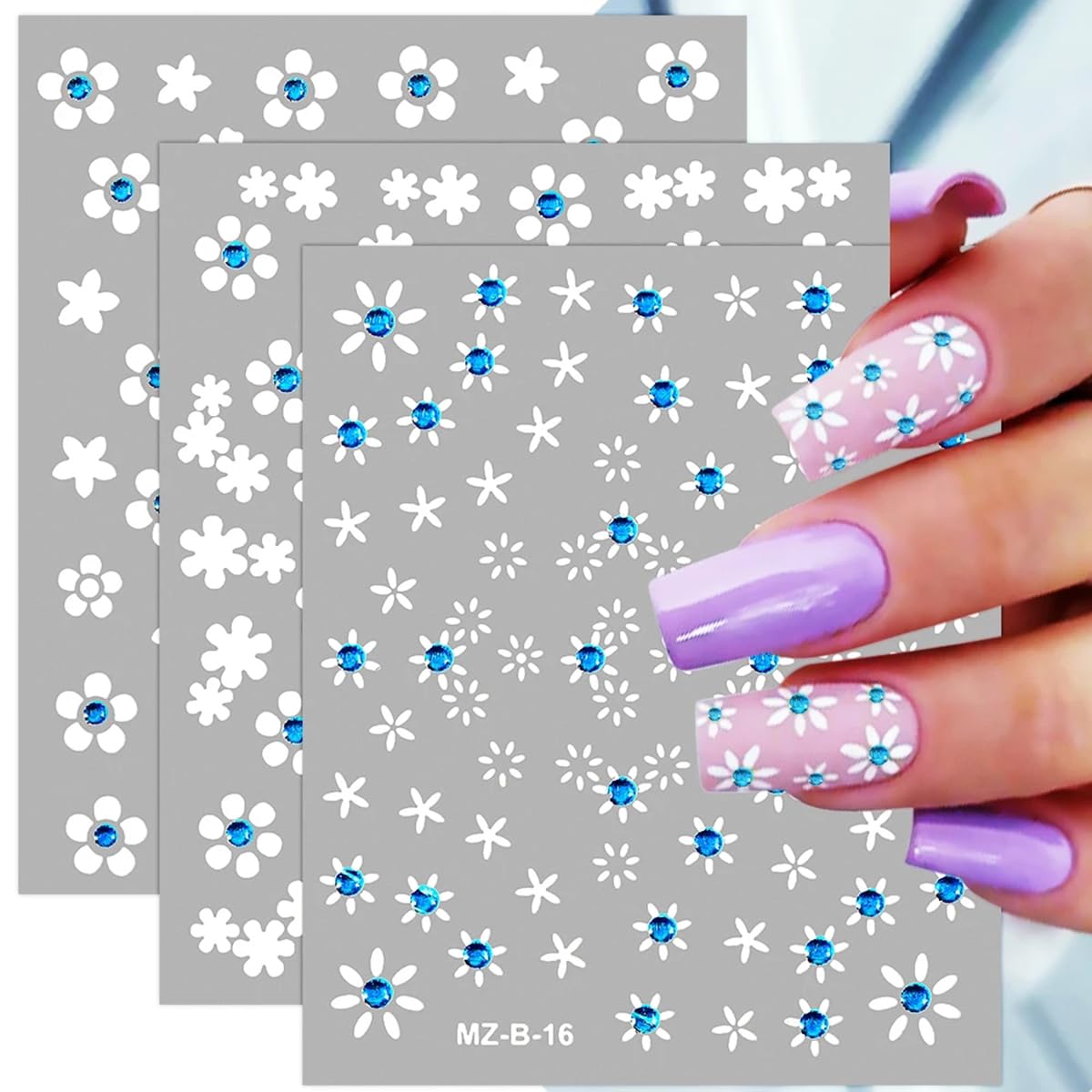 30Pcs White Flower Nail Art Stickers Decals- Daisy Floral Cherry Blossoms Nail Stickers Blue Rhinestone Nail Designs Sticker for Gel Nails 3D Self-Adhesive Spring Nail Decals for Nail Art Decoration