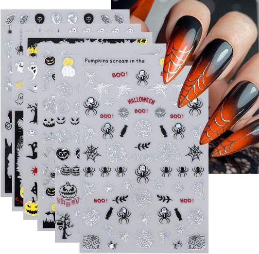 6Pcs Halloween Nail Stickers for Nail Art Cute Ghost Pumpkin Nail Art Stickers Spider Web Skeleton Bat Nails Design Decals Halloween Nail Supplies for Women Girls DIY Manicure