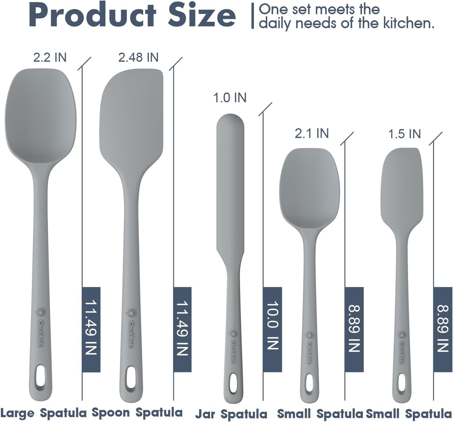 5 Pieces Silicone Spatula Set, Food Grade Rubber Spatula, Upgrade Strong Handle with Ergonomic Grip, Heat Resistant Up to 600°F for Nonstick Cookware, Cooking Gray