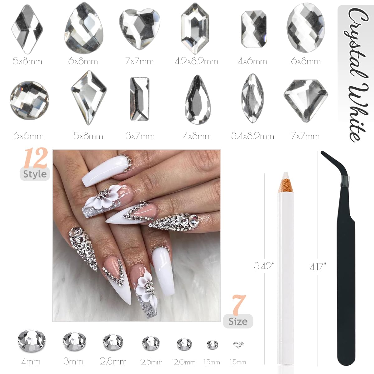 4080Pcs Silver Clear Nail Rhinestones Crystal White Stones More Quantity 1.5-4mm Flatback Round Beads K9 Glass Gems Nail Art Diamonds Jewels Charms for Nails Face Eyes Makeup Shoes DIY Crafts