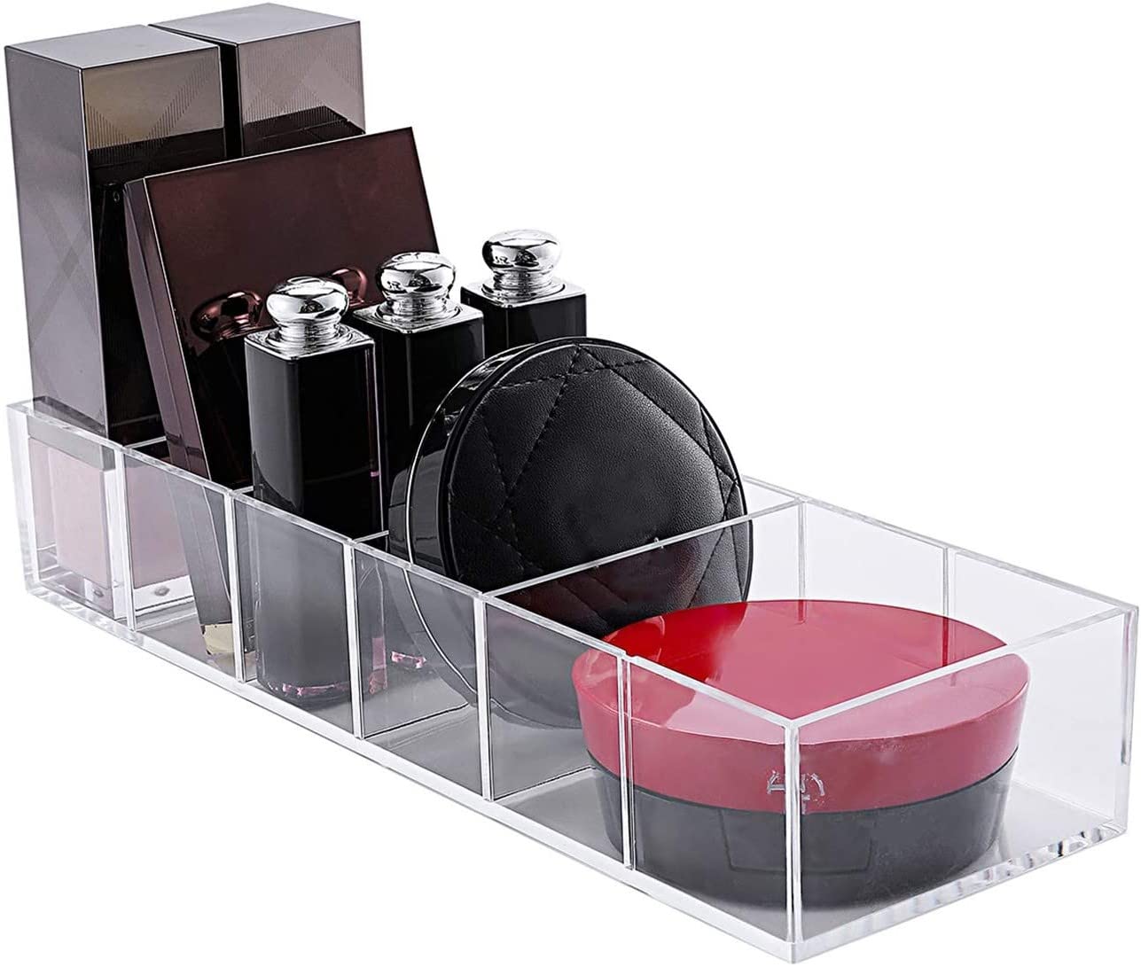 Acrylic Makeup Organizer Cosmetic Storage Makeup Display Case Lipstick Holder Dispenser Adjustable Canister Bathroom Container (10 x 3.4 x 1.9 inches, 6 Partitions, Transparent)