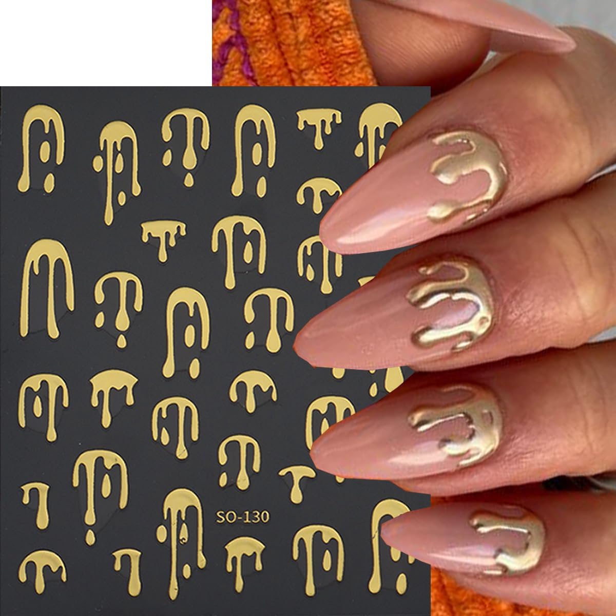 8 Sheets Halloween Nail Stickers Water Drop Blood Nail Decals French Tips Nail Art Stickers Black Gold Laser Design 3D Self Adhesive Sticker for Nail Holiday Manicure DIY Supplies for Women