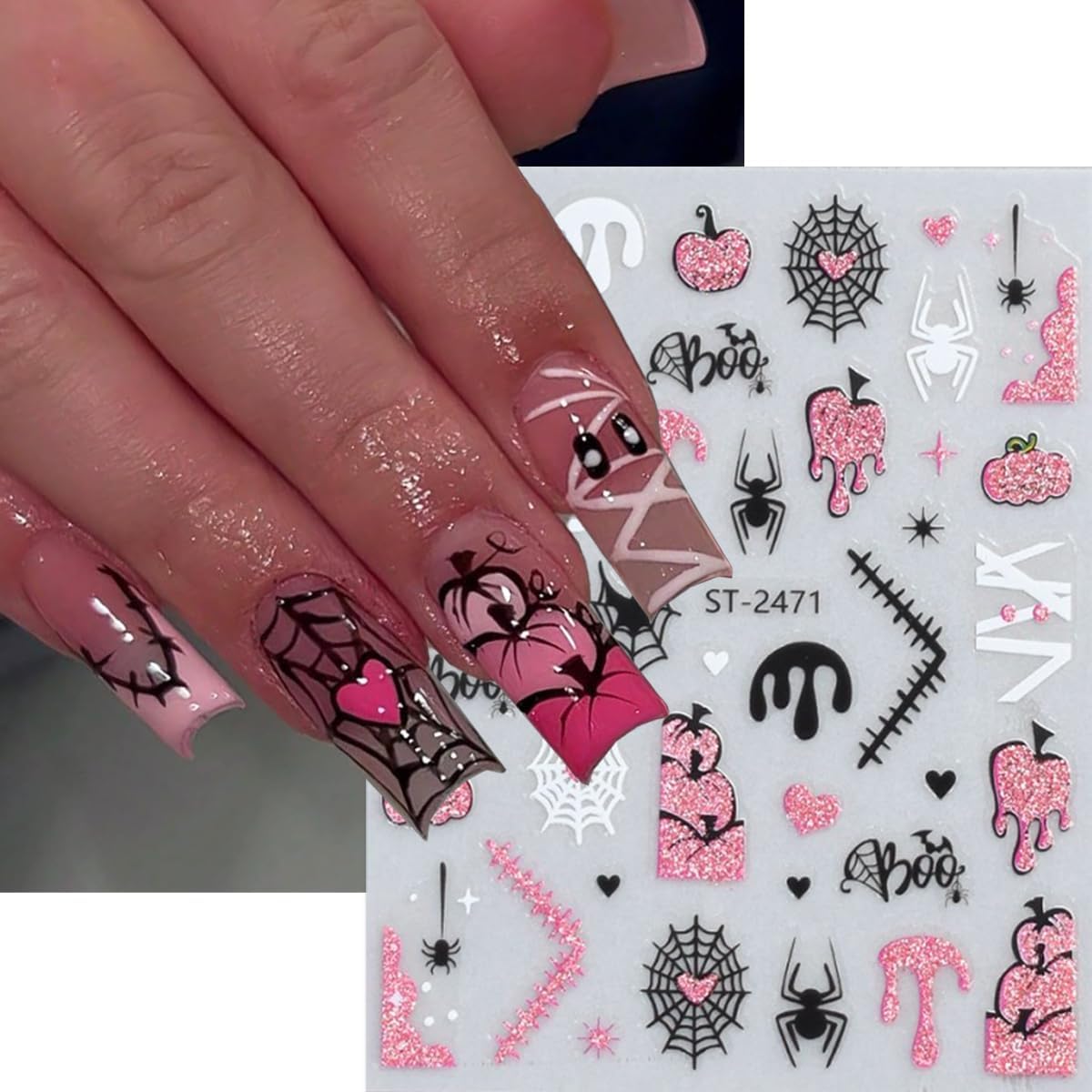 6 Sheets Halloween Nail Art Stickers Glitter Pink Nail Stickers Spider Web Nail Decals Pumpkin Line French Tips Heart Design Ghost Nail Sticker for Nail Art for Women DIY Holiday Manicure Supplies