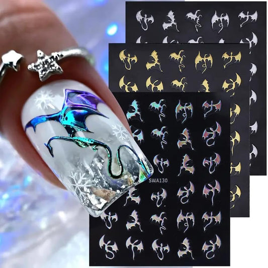 3 Pcs Metal Dragon Element Nail Stickers, 3D Self-Adhesive Golden and Silvery Laser Holographic Y2k Dragon Nail Art Decals,Glossy Texture Slider Nail Art Suitable for Women and Nail Decoration