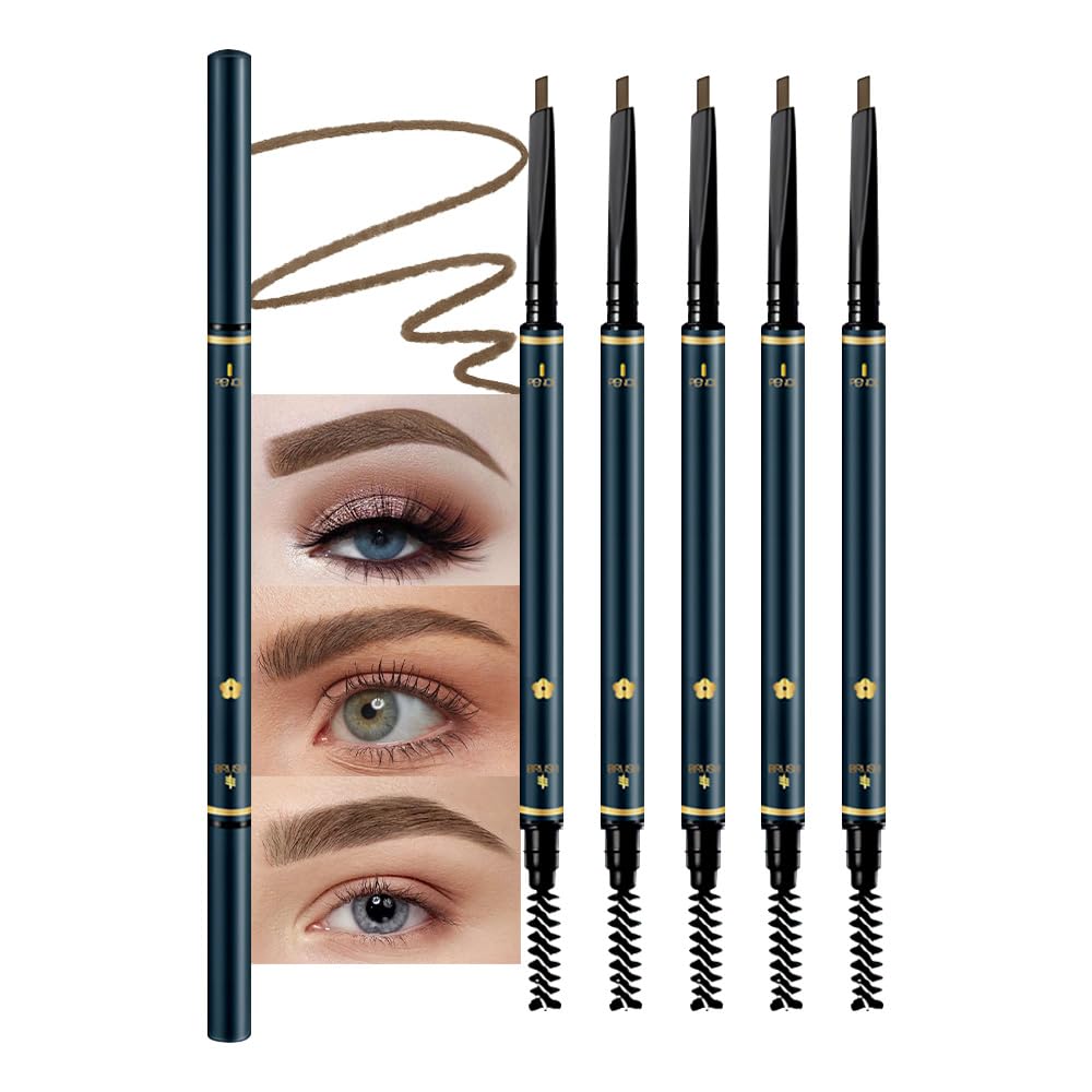 5 Pcs Waterproof Professional Makeup Micro Brow Pencil, Dark Brown Brow Kit with Eyebrow Brush, Ultra-Fine Mechanical Pencil, Eyebrow Pencils for Women, (C06#Dark Brown, 5Pcs)