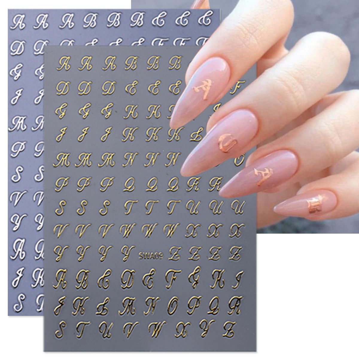 8 Sheets Retro English Letters Nail Stickers for Nail Art 3D Self-Adhesive Black White Gold Silver Design Nail Decals Pegatinas Uñas Personalized Letter Nail Art Stickers for Women DIY Manicure Tip