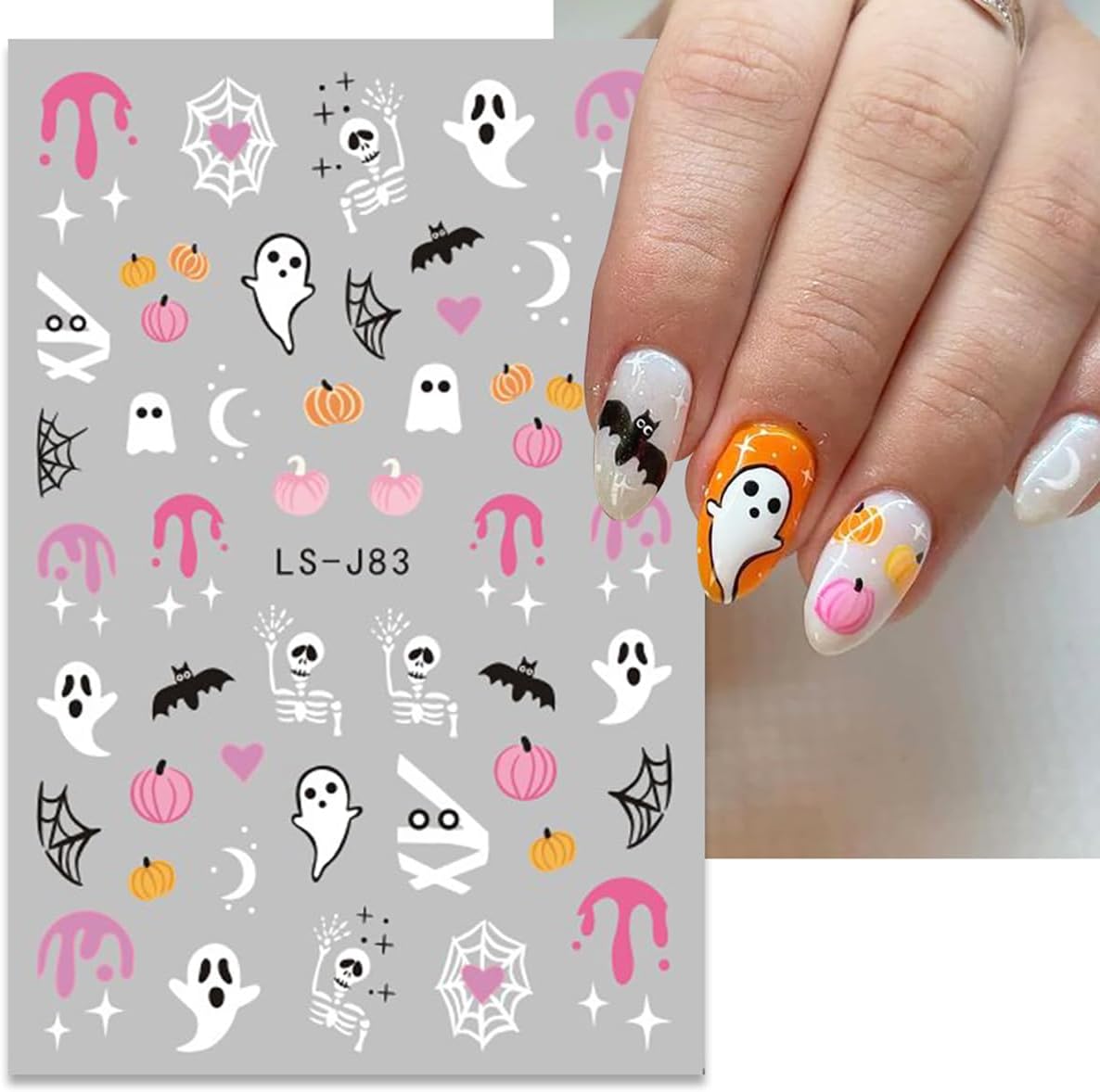 6Sheets Halloween Nail Art Stickers - 3D Self-Adhesive Cute Ghost, Bat, Skull, Cat, Pumpkin, Spider Web, Skeleton Designs for Women's DIY Nail Decor