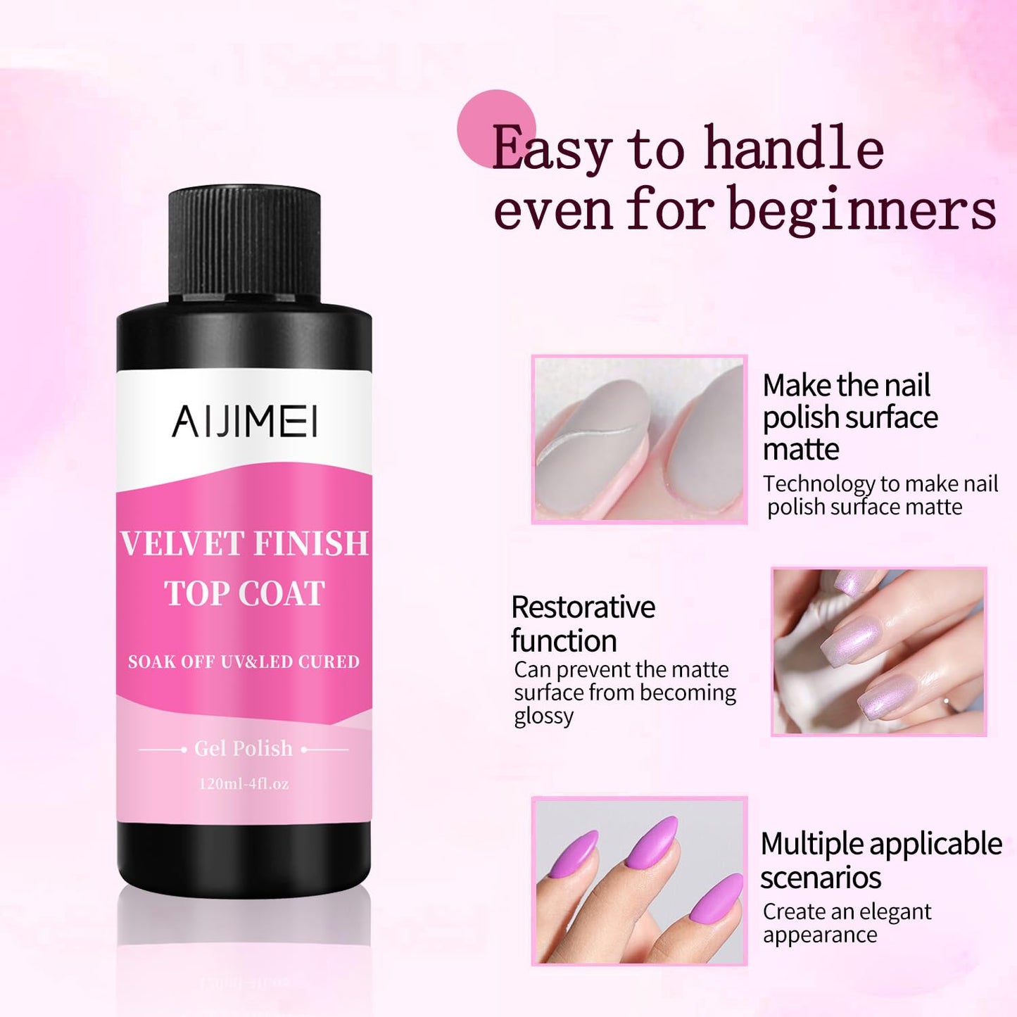 AIJIMEI Velvet Finish Top Coat – Luxurious Matte Effect, Quick Dry, Easy Application, Suitable for All Nail Types, Professional Quality for Home Use 4 Fl Oz
