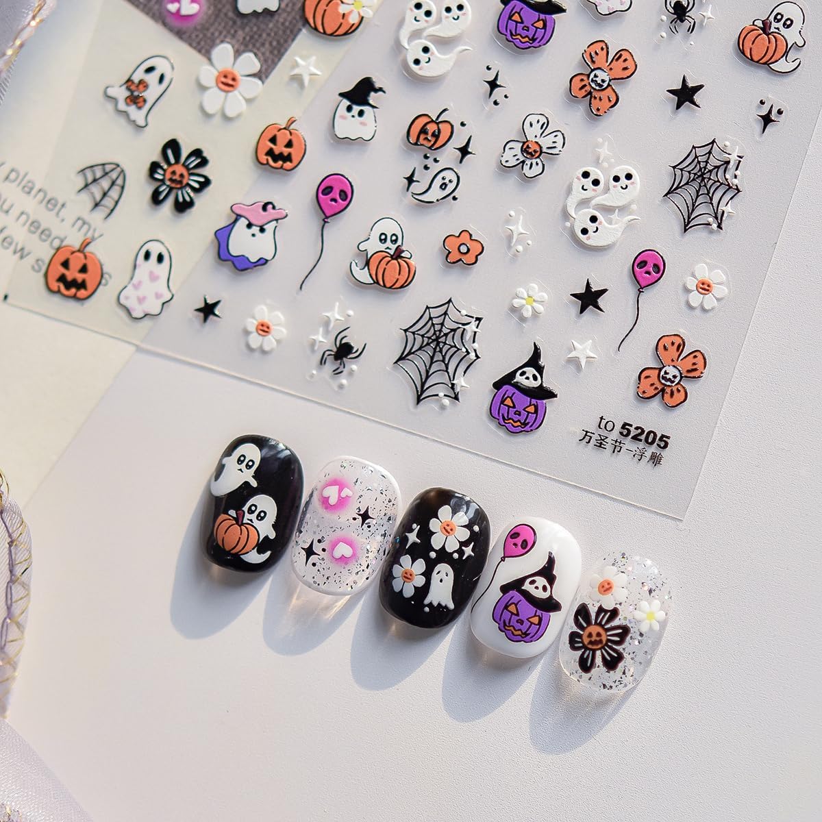 5D Embossed Halloween Nail Stickers Cute Ghost Self-Adhesive Nail Art Pegatinas Uñas with Horror Flowers Pumpkin Designs Nails Decals Halloween DIY Manicure for Women Girls Nails Art Decoration 1Sheet