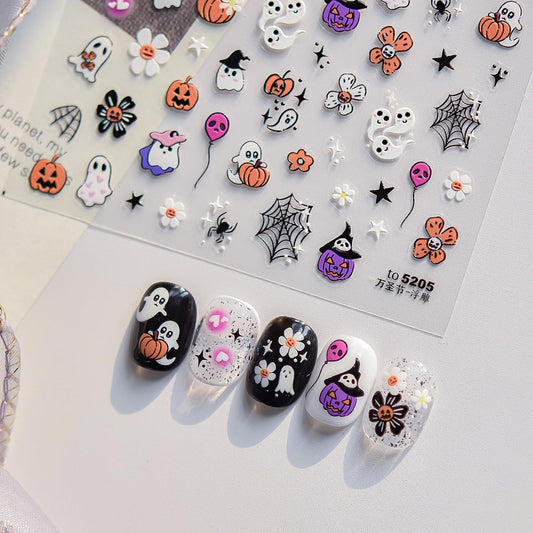 5D Embossed Halloween Nail Stickers Cute Ghost Self-Adhesive Nail Art Pegatinas Uñas with Horror Flowers Pumpkin Designs Nails Decals Halloween DIY Manicure for Women Girls Nails Art Decoration 1Sheet