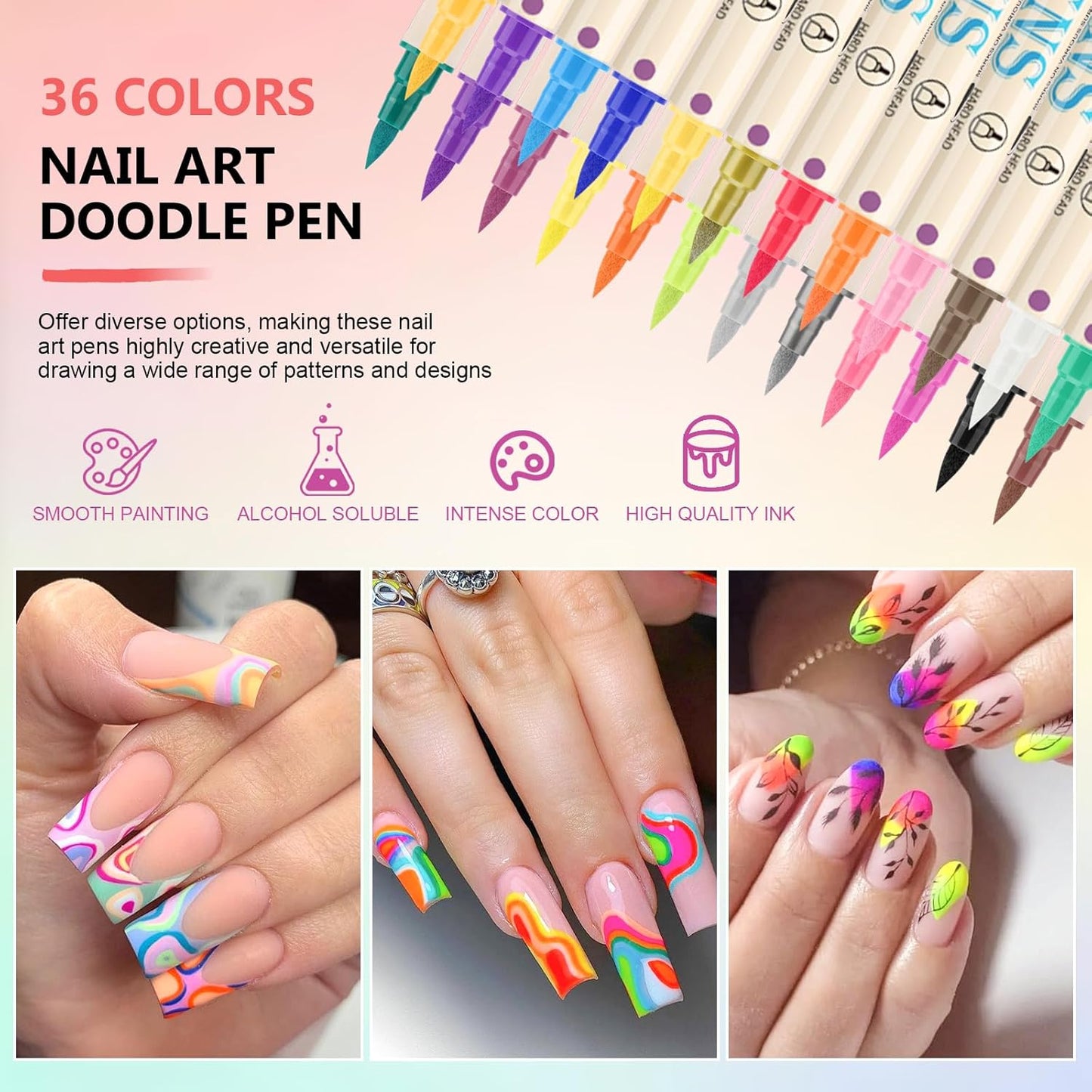 36 Colors Nail Art Pens Set, 3D Nail Polish Pens Quick-Drying Acrylic Paint Markers,For Nail Art Drawing Painting Nail Point Dotting Liner Pen, Nail Design Kit Manicure Tools Home & Salon DIY
