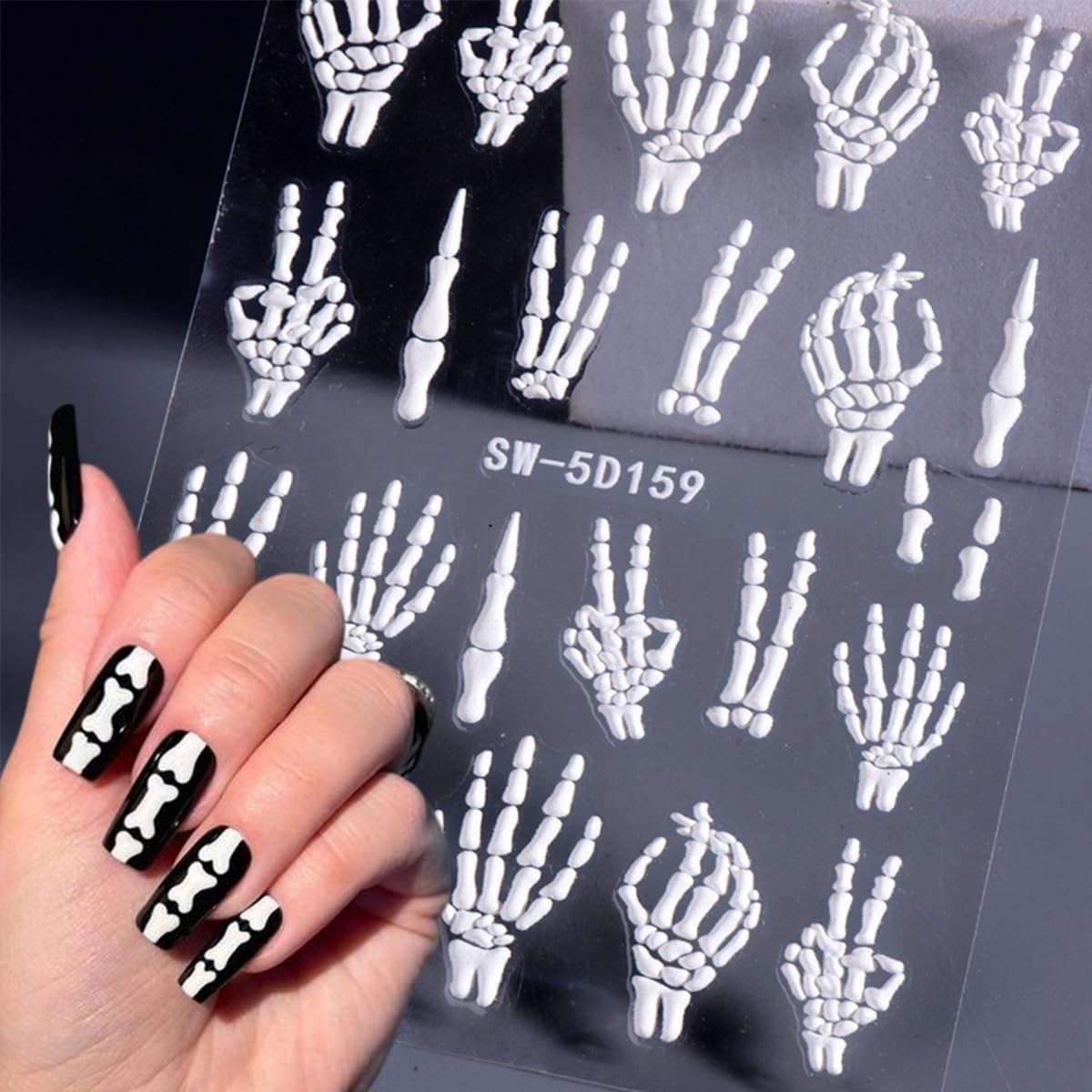5D Embossed Halloween Nail Stickers for Nail Art Kit 3 Sheets Halloween Skull & Skeleton Nail Art Stickers Decals Gothic Nails Design Rose Gold Hand Bone Nail Supplies for Women Holiday Nails Decor