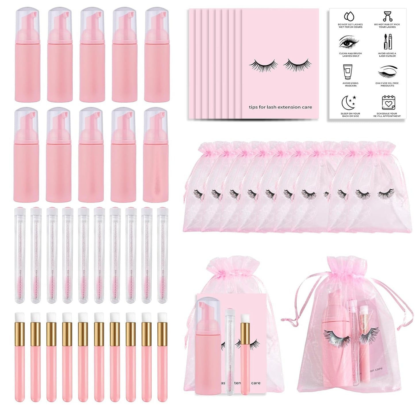 50PCS Lash Shampoo Bottles Brushes Set, Empty Lash Shampoo Bottle, Lash Cleaning Brush, Eyelash Extension Tube Brush, Instructions Cards, Aftercare Bags for Lash Business Clients (50pcs in pink)