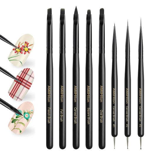 8PCS Nail Art Brushes for Builder Gel, Polygel & Polish – Flat, Round, Liner, French Tip & Detail Brushes for 3D Acrylic Flowers – Professional Nail Painting & Design Tools