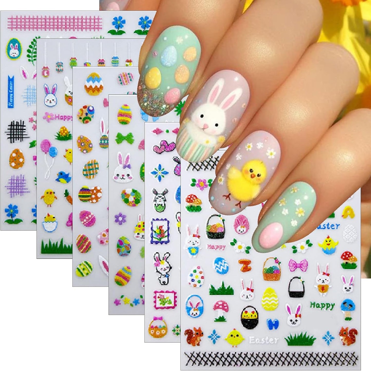 6 Sheets Glitter Easter Nail Art Stickers Easter Egg Rabbit Nail Decals 3D Self Adhesive Cute Chicken Eggs Nail Art Supplies Cartoon Bunny Carrot Nail Supplies Stickers for Women DIY Nail Decorations