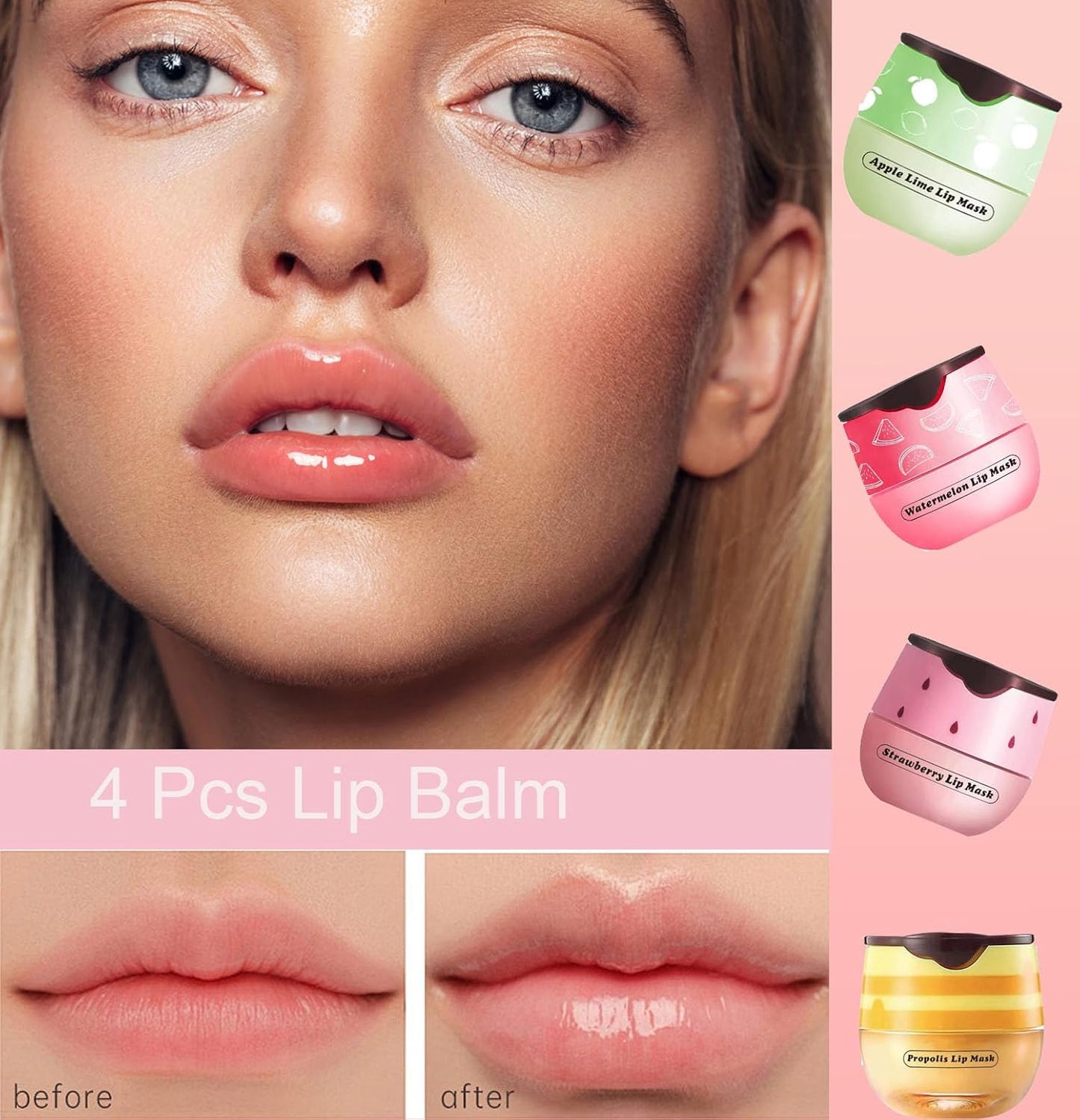 4 PCS Bee Lip Balm Honey Pot, Honey Strawberry Watermelon Apple Sleeping Lip Mask Overnight with Sticks, Exfoliating Prevention Dry and Crack Lip Scrubs