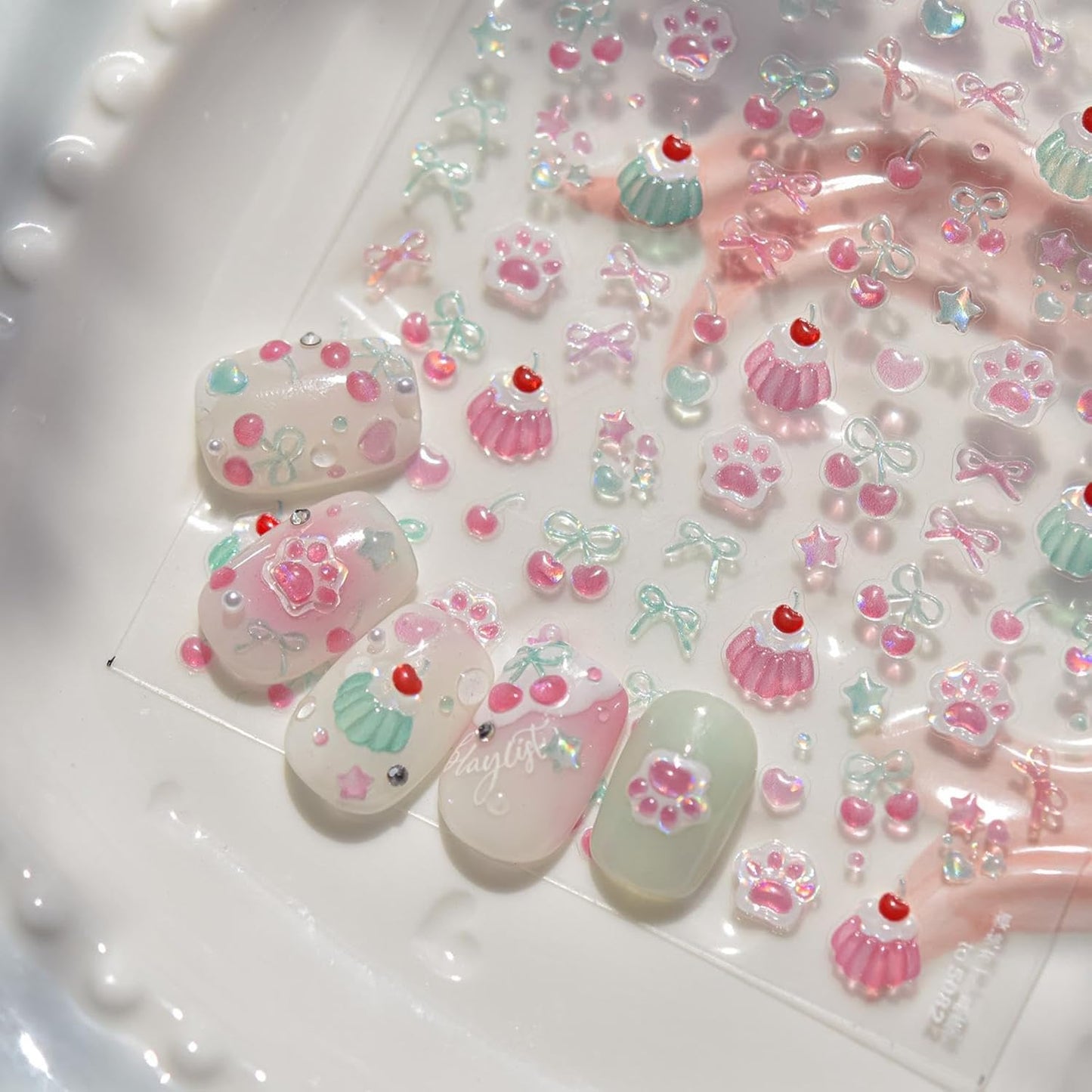 5D Embossed Cake Nail Sticker for Nails Art Pink Nail Decals Cherry Bow Nail Art Stickers Cute Nails Decal Self Adhesive Manicure Supplies Decoration for Women Girls Kid