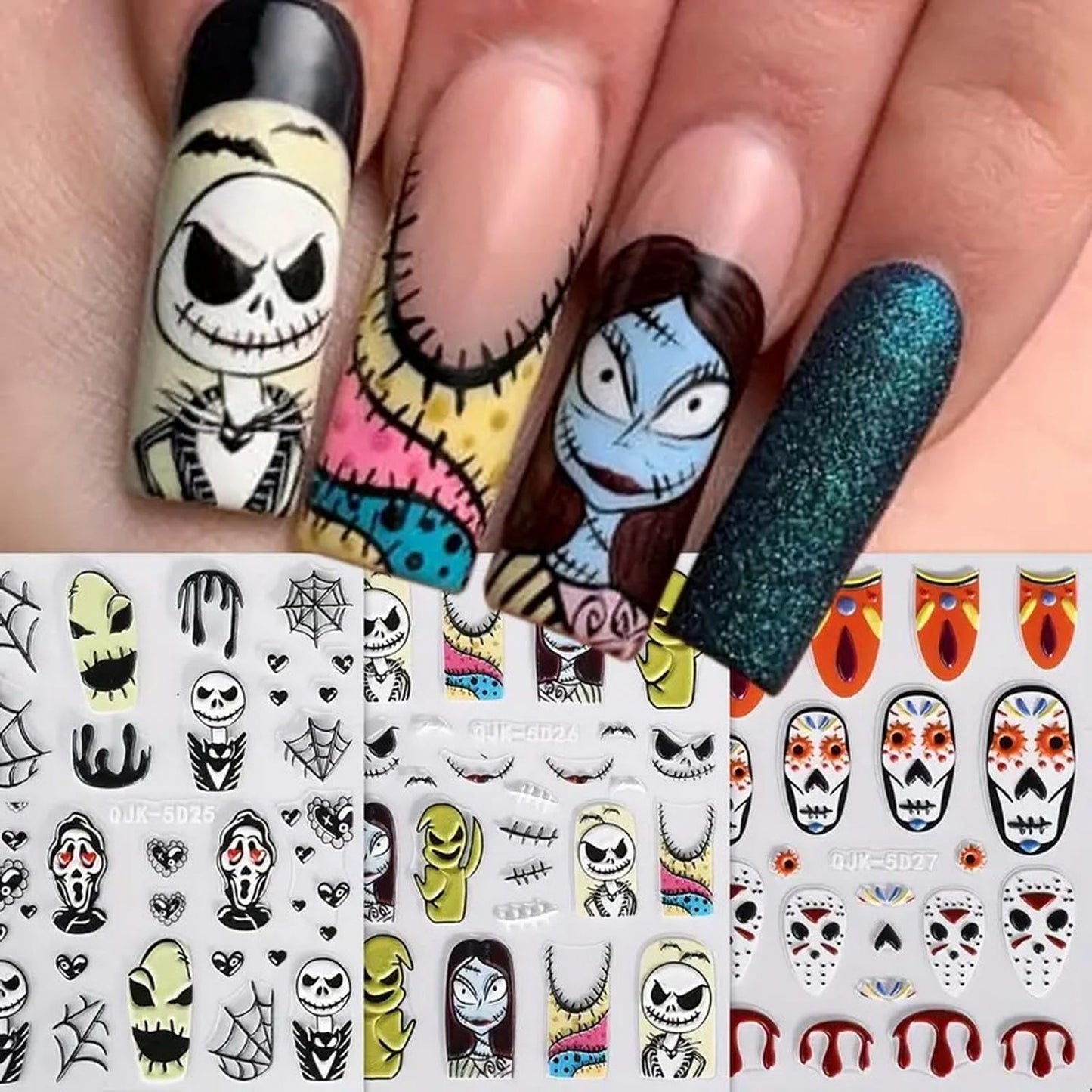 6 Pcs Halloween Nail Art Stickers Decals 5D Embossed Scary Ghost Nightmare Self-Adhesive Designs Nail Supplies Terror Scar Mask Spider Web Designs Halloween DIY Manicure Decorations for Women
