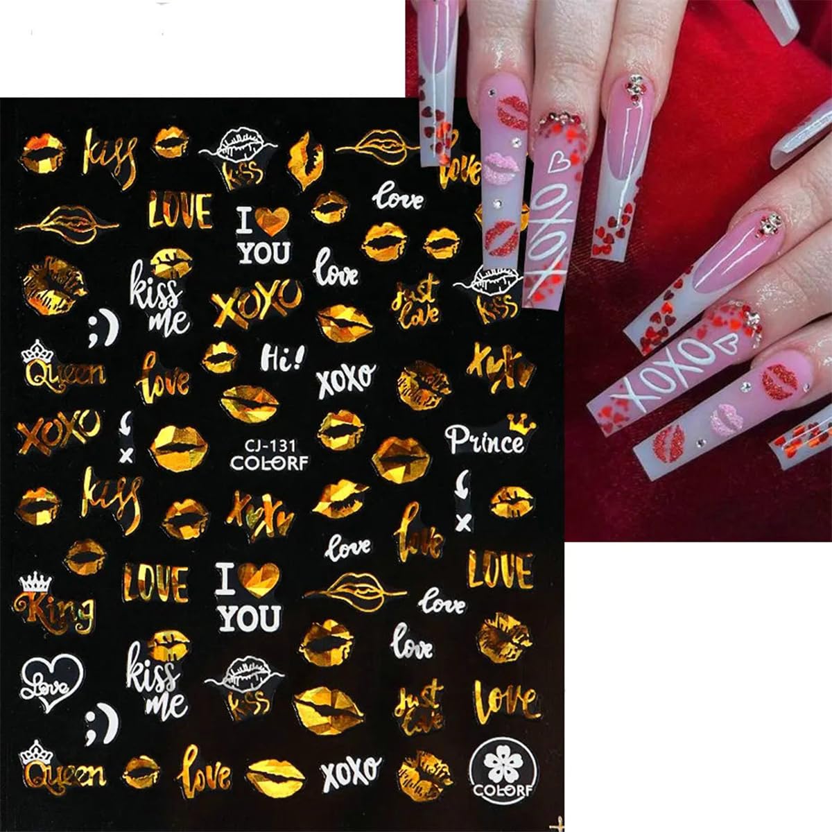 9 Valentines Nail Art Heart Stickers - Self-Adhesive Gold, 3D Rose Love Cupid Heart Letter Nail Decals for Women