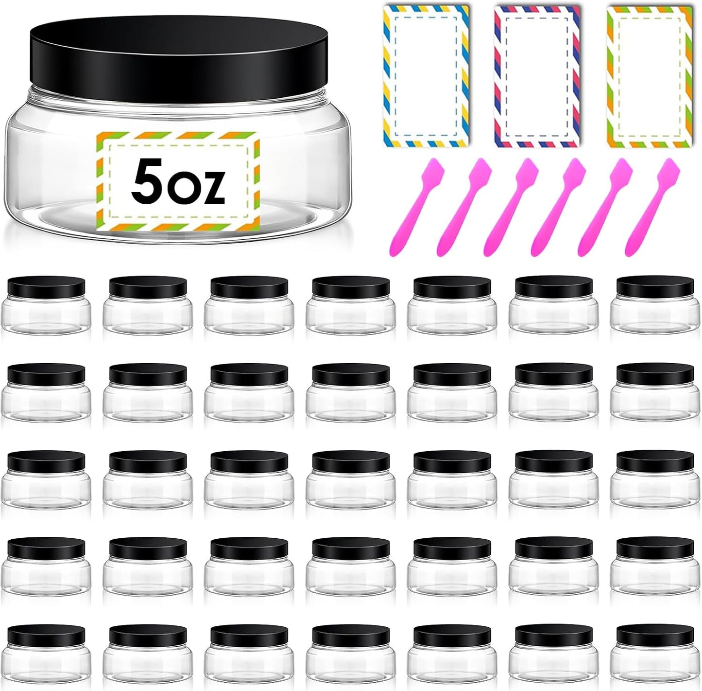 36 Pack 5 oz Plastic Cosmetic Containers With Lids Refillable Clear Empty Travle Jars Containers for Body Butter,Sugar Scrubs,Cream,Lotions,Candy, Waterproof Label&Spatulas - (Black Lid)