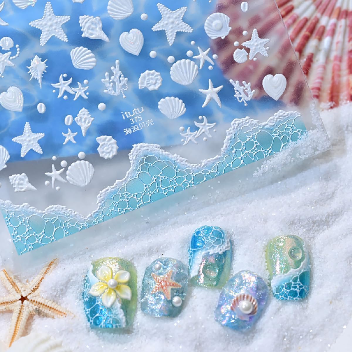 3 Sheets 5D Embossed Summer Nail Stickers for Nail Art Beach Nail Art Stickers Self-Adhesive Colorful Starfish Jellyfish Shell Sea Turtle Coconut Tree Designs Ocean Nail Decals for Women Acrylic Nails
