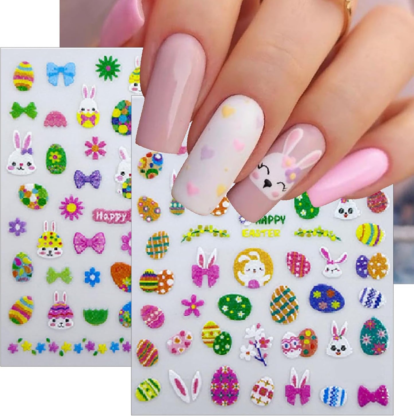6 Sheets Glitter Easter Nail Art Stickers Easter Egg Rabbit Nail Decals 3D Self Adhesive Cute Chicken Eggs Nail Art Supplies Cartoon Bunny Carrot Nail Supplies Stickers for Women DIY Nail Decorations