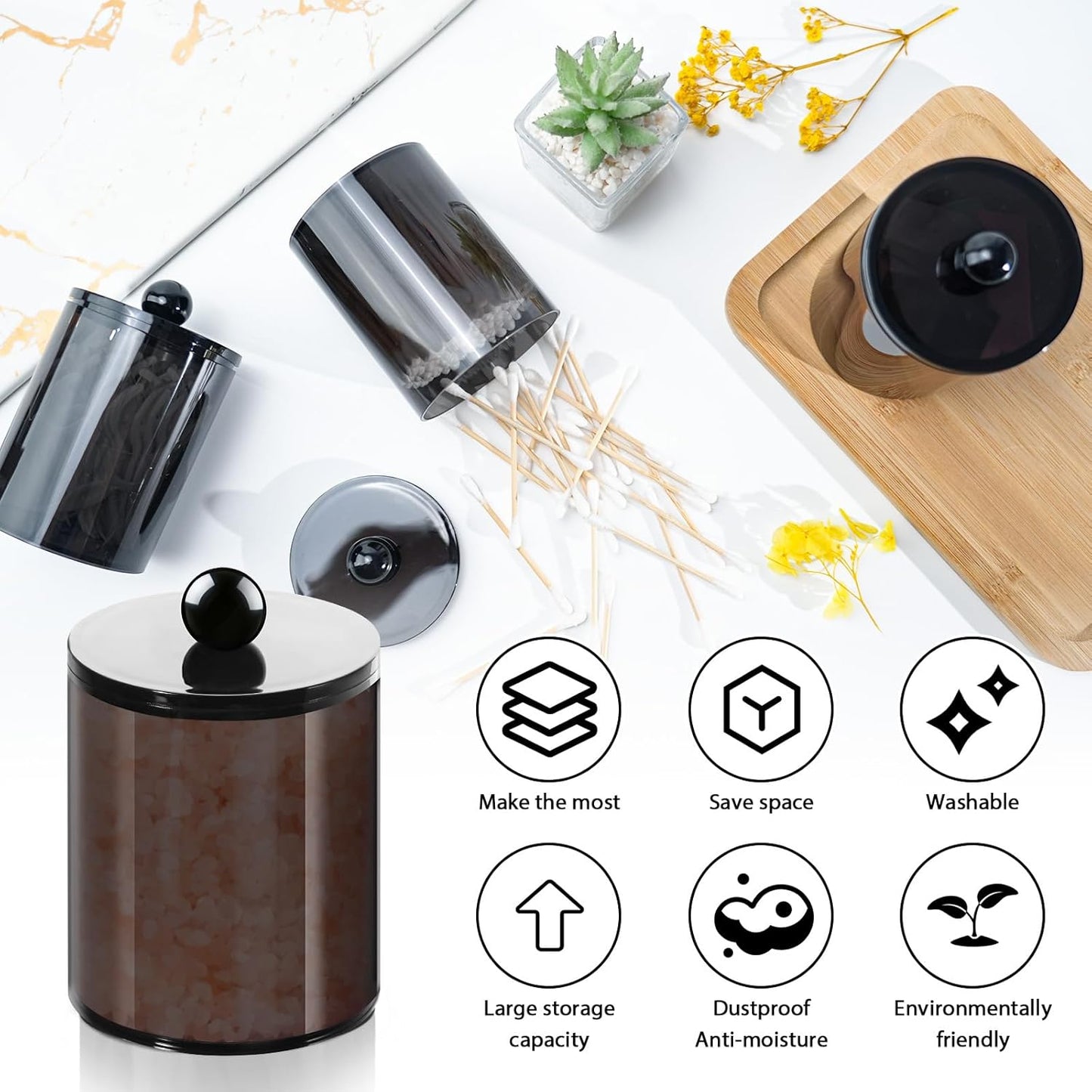 4 Pack Qtip Holder,Canister Apothecary Jar Set, Bathroom Jars with Lids Set for Cotton Swabs, Balls, Pads, Floss Picks,10oz-12oz Plastic Canisters Restroom Bedroom Vanity Organizer(Black)