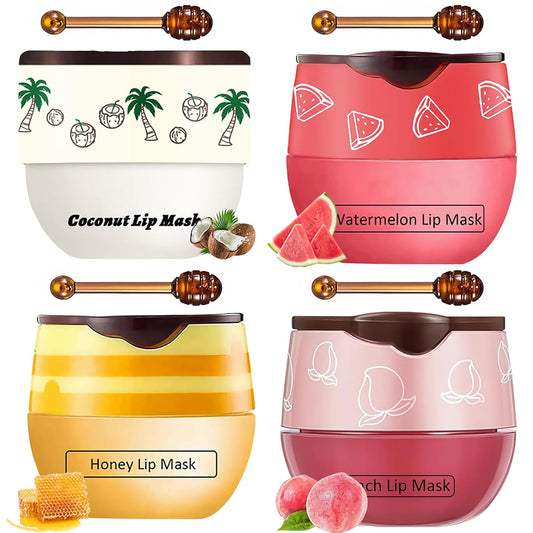 4 PCS Bee Lip Balm Honey Pot, Honey Coconut Watermelon Peach Sleeping Lip Mask Overnight with Sticks, Exfoliating Prevention Dry and Crack Lip Scrubs