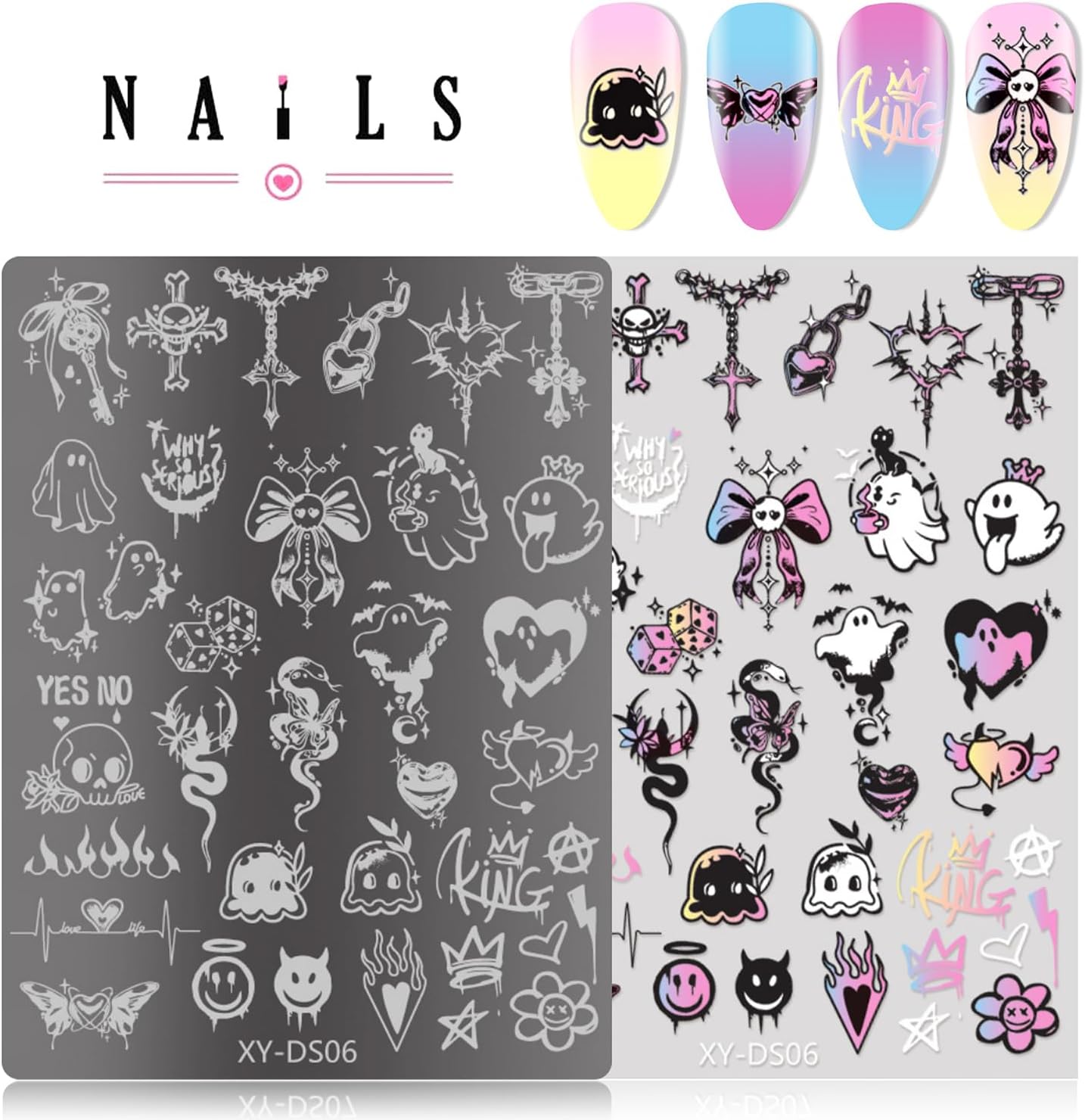 4Pcs Gothic Cute Nail Stamping Plate Set - Dark Kawaii Nail Art Templates, Stainless Steel Spooky Sweet Nail Stamp Plates with Skull & Lace Patterns for Halloween DIY Manicure Printing Tools