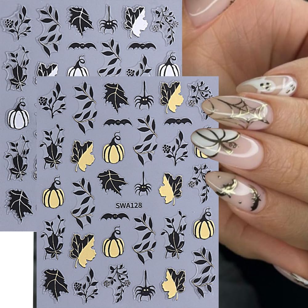 4 Sheets Halloween Nail Stickers Gold Pumpkin Leaves Bat Holiday Nail Designs 3D Self-Adhesive Spider Web Decals Black Leaf Nails Supplies for Women Girls DIY Manicure
