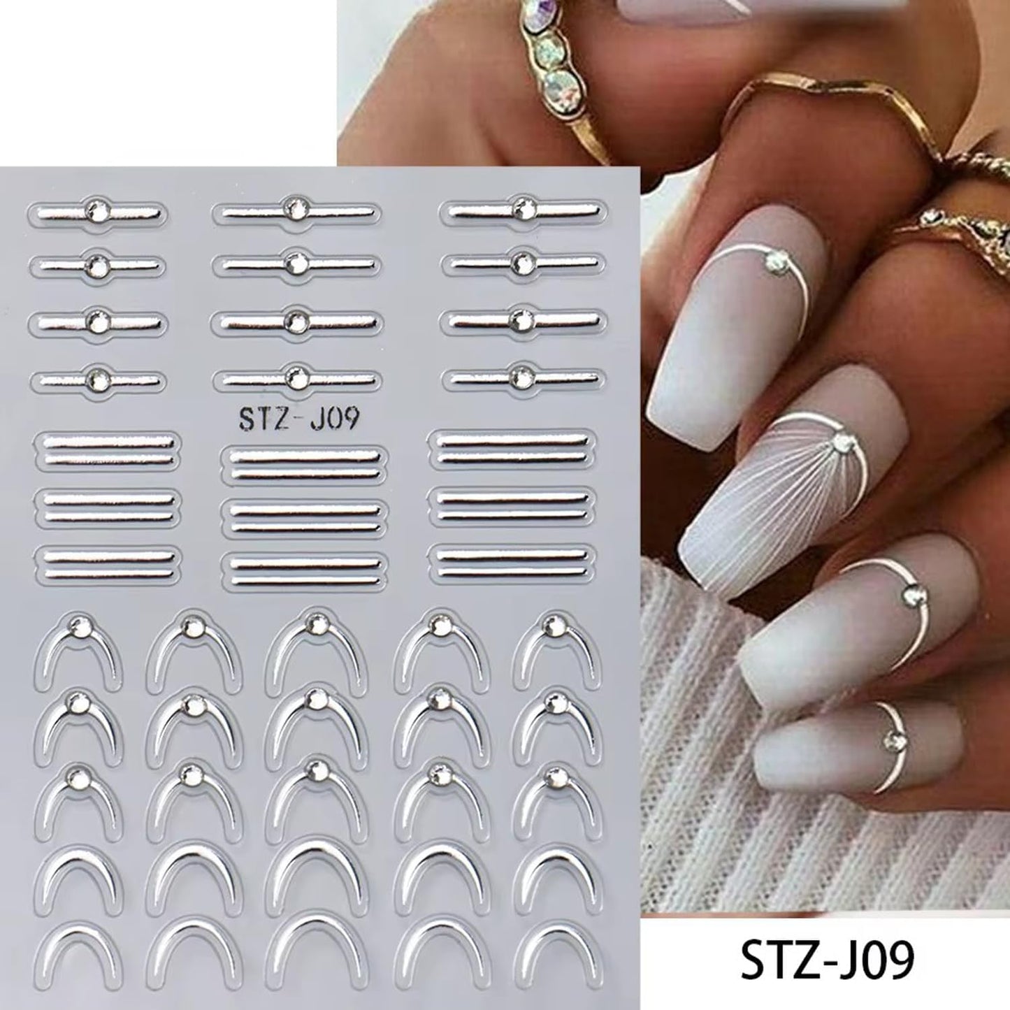 4 Sheets French Stripe Line Nail Stickers with Gold Silver Shiny Crystal Rhinestones,Metallic Stripe Lines Adhesive Design Nail Supplies French Sticker for Women Girls Luxury Manicure Decorations