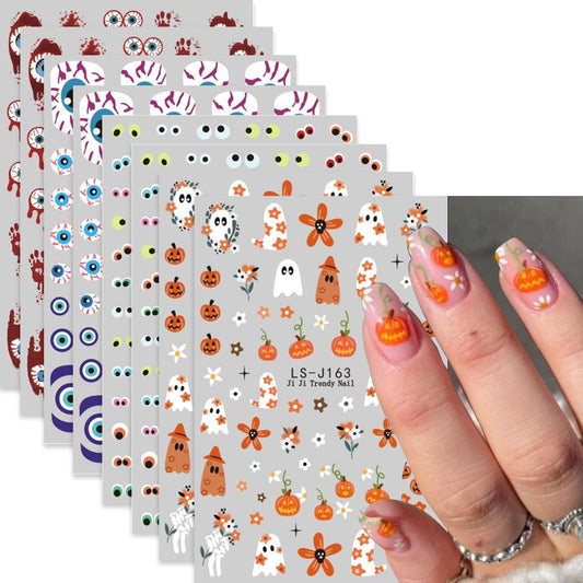 8 Sheets Halloween Nail Art Stickers Decals Evil Eye Nails Stickers Cute Ghost Pumpkin Nails Decal Self-Adhesive Blood Drop Nails Art Decals for Women Halloween Decor