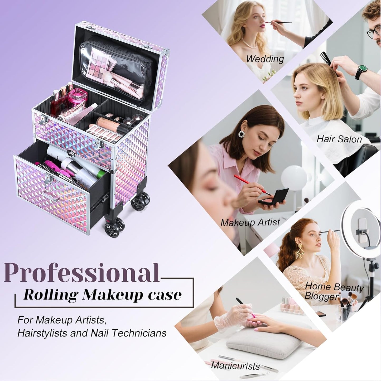 Adazzo Professional Rolling Makeup Case with Drawer for Makeup Artists Cosmetic Train Case Large Storage Case for Nail Technicians Cosmetology Case with Detachable Bag for Hairstylist Pink