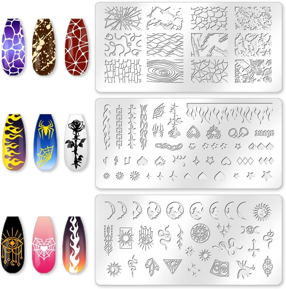 3Pcs Punk Nail Stamping Plate Set Snake Heart Nail Stamping Templates French Line Tip Nail Plates Flames Star Stainless Steel DIY Reusable Tools with Stamper Scraper for Manicure Printing