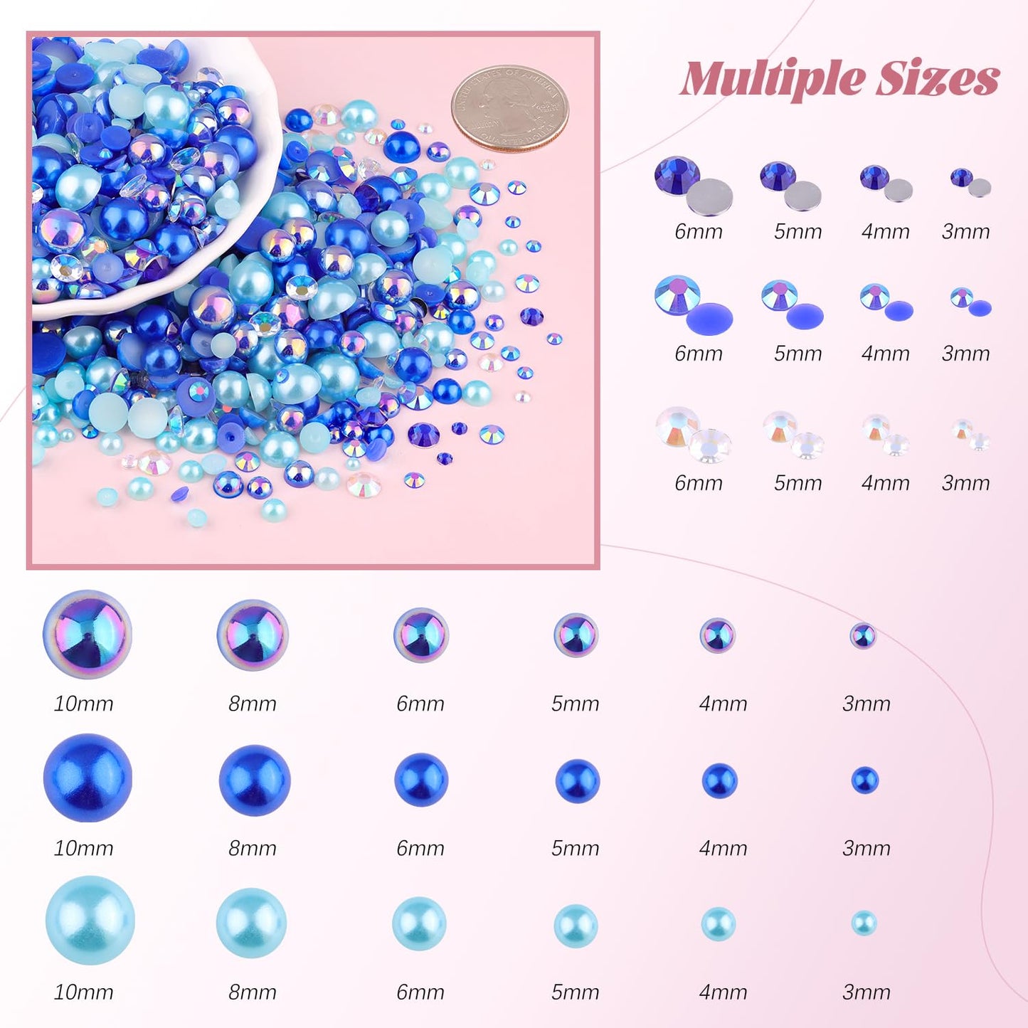 80g Flatback Pearls and Rhinestones for Crafting, Dark Blue Mixed Size 3-10mm Resin Rhinestones and Half Pearls for Bedazzling, Nail Art and Decoration with Tweezer and Pickup Pencil