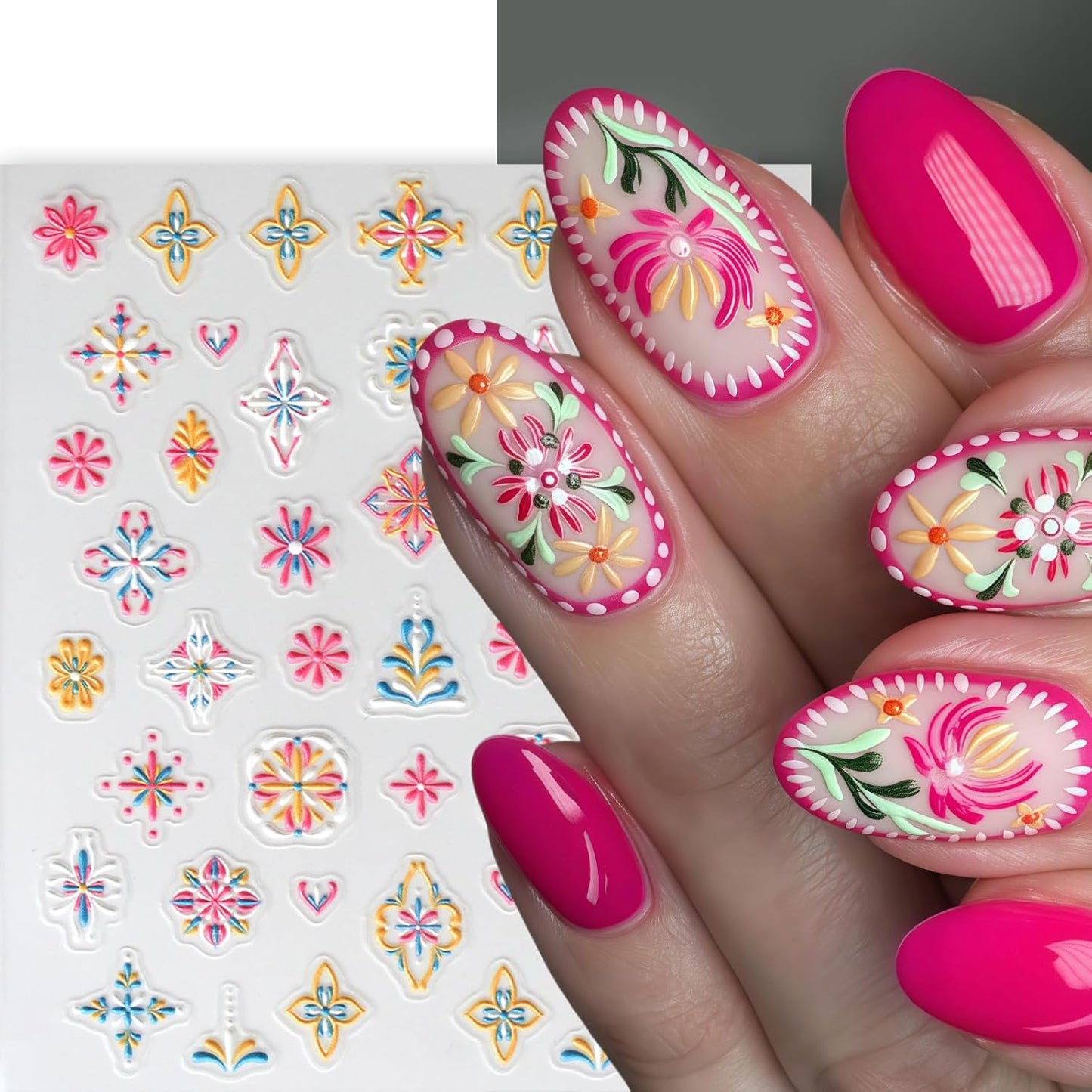 5 Sheets Bohemian Style Nail Decals Embossed Flower Star Nail Art Stickers 5D Self-Adhesive Metallic Lace Lines Bohemia Carving Floral Nail Designs Star Flower Nails Decoration for Women Nail Supplies