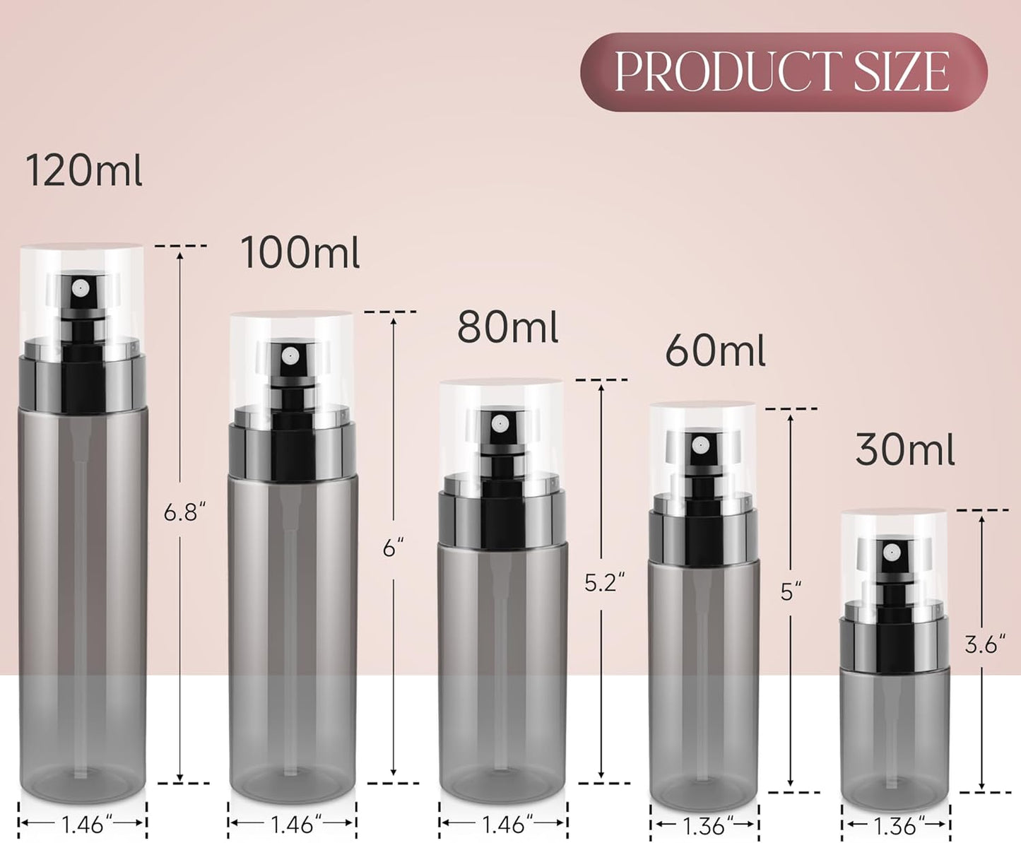 5Pack Small Spray Bottle, Black Plastic Fine Mist Mini Spray Bottles, Empty Refillable Travel Bottles for Hair, Cleaning, Salons, Planting, Skin Care