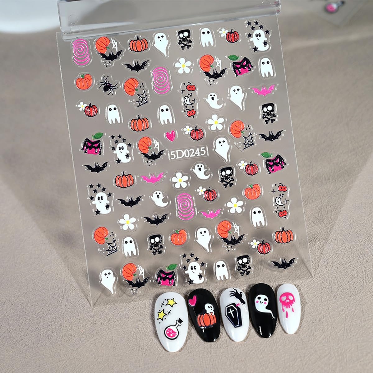 6 Sheets Halloween Nail Art Stickers Pumpkin 5D Embossed Nail Decals Ghost Nail Stickers Self Adhesive Bat Skull Nail Art Supplies for Women Girls DIY Manicure Nail Art Decorations