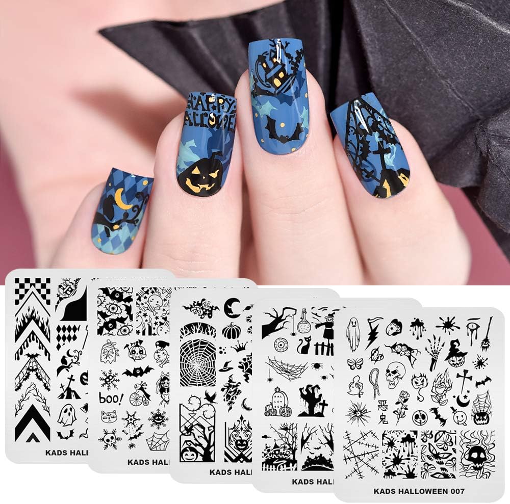 KADS 5pcs Nail Stamp Plates Set Halloween Nails Art Stamping Plate Thrill Pattern Bat Spider Skeleton Pumpkin Lantern Witch