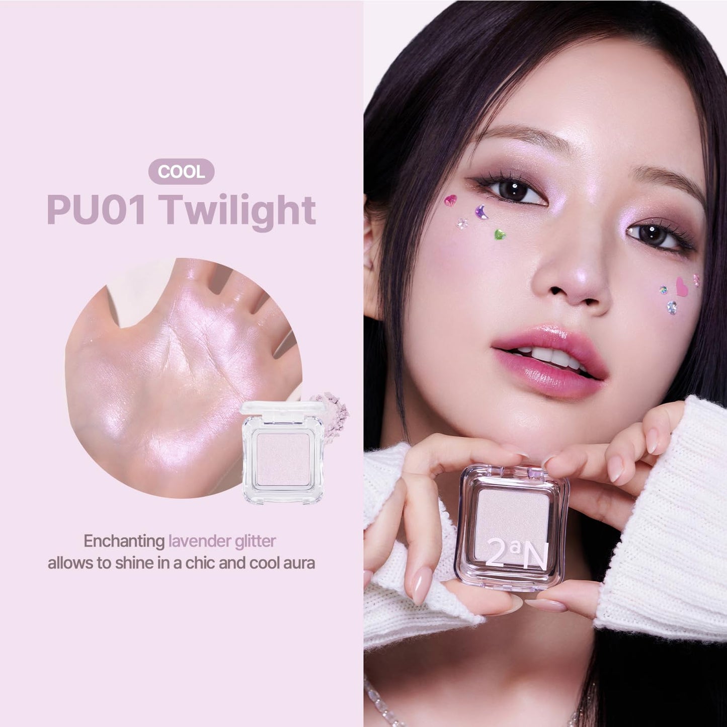 2aN Pure Glash Highlighter PU01 Twilight – Glass-Like Sheen Powder Highlighter for a Natural, Radiant Glow | Buildable, Long-Lasting, Lightweight Formula