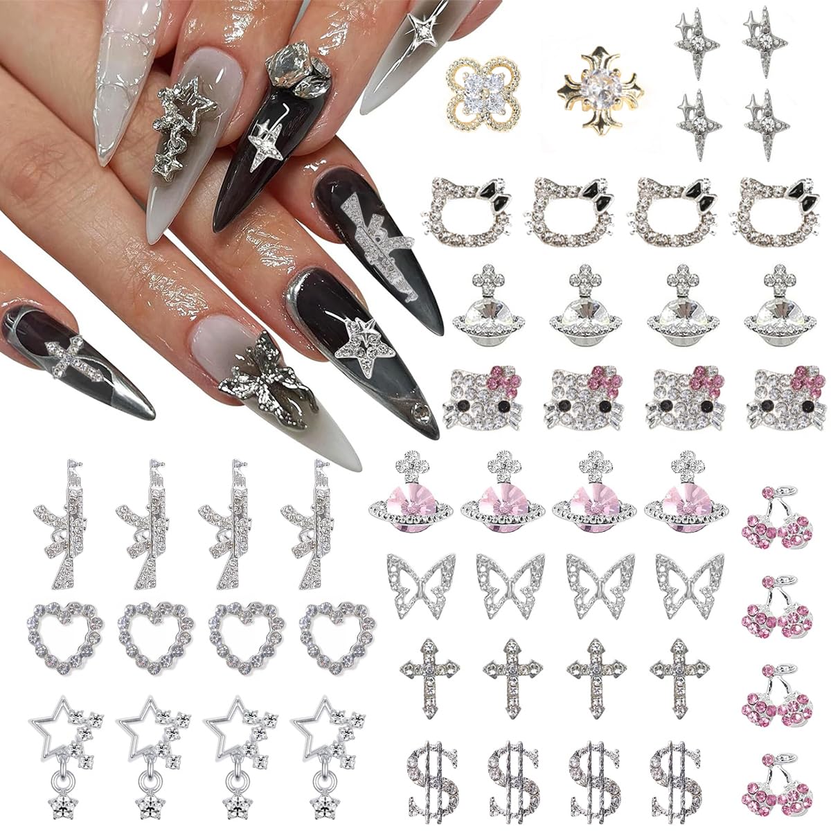 50Pcs Nail Charms Rhinestones Gems Kitty Heart Star Gun Planet Cross Jewelry for Acrylic Nails Accessories Women Nail Decorations Manicure Craft DIY Nail Art Supplies