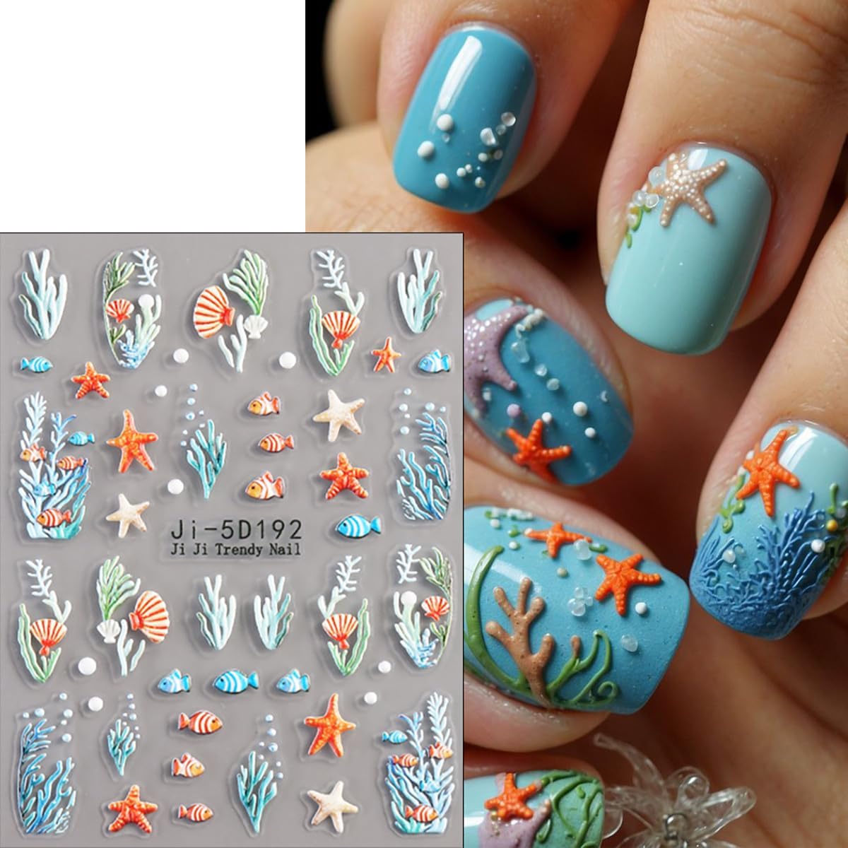 5D Embossed Summer Nail Stickers for Nail Art 2 Sheets Beach Starfish Nail Art Stickers Self-Adhesive Jellyfish Shell Starfish Sea Turtle Coconut Tree Designs Ocean Nail Decals for Women Acrylic Nails