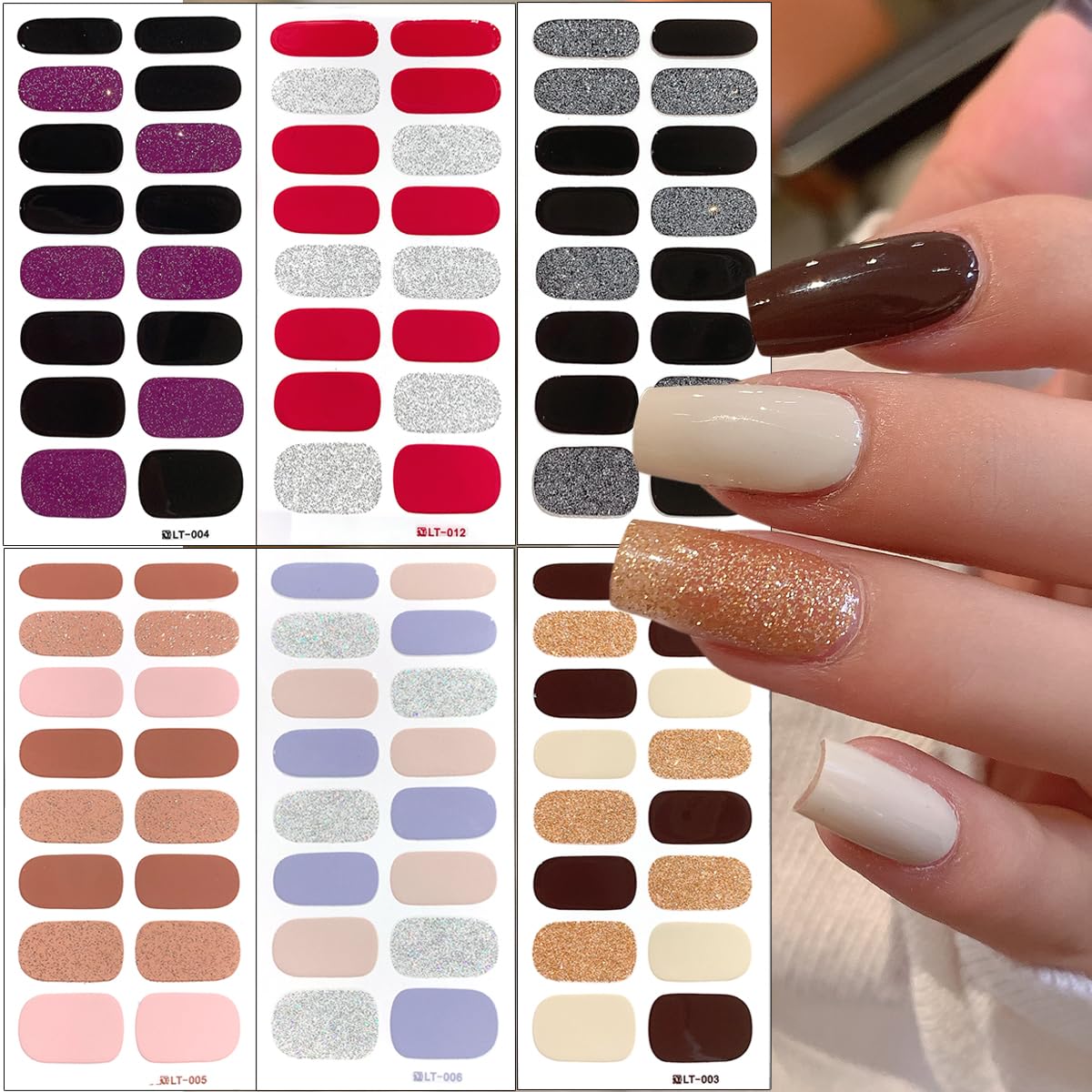 6Sheets Glitter Nail Polish Strips Self Adhesive Multicolored Gel Nail Wraps Solid Color Nail Strips For Women DIY Manicure Tips - Black Pink