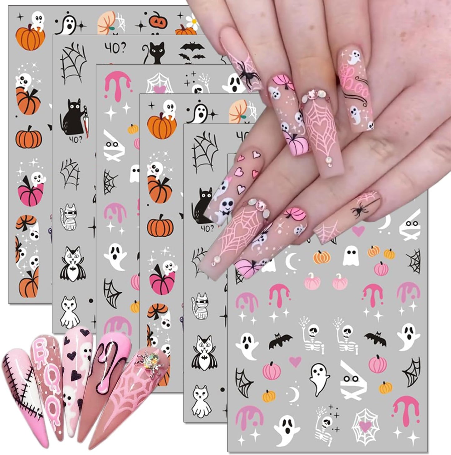 6Sheets Halloween Nail Art Stickers - 3D Self-Adhesive Cute Ghost, Bat, Skull, Cat, Pumpkin, Spider Web, Skeleton Designs for Women's DIY Nail Decor