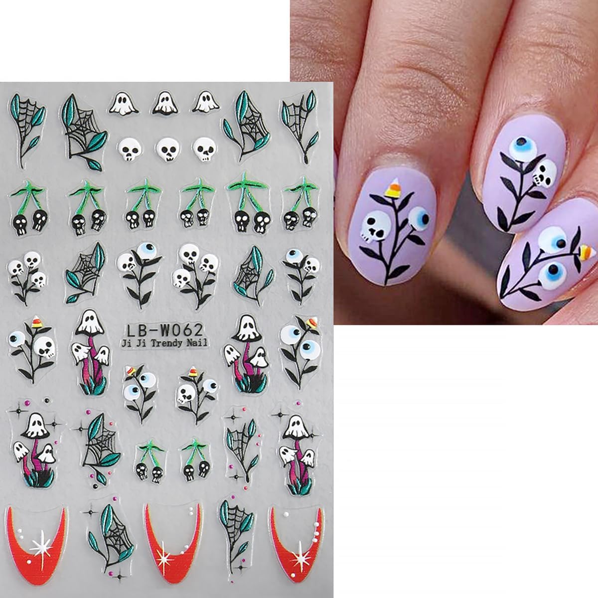 4 Sheets Cute Ghost Nail Art Stickers and Halloween French Flower Nail Decals Design 5D Self-Adhesive Brown Green Spider Web Nail Stickers Personalized Nail Art Supplies Stickers for DIY Manicure