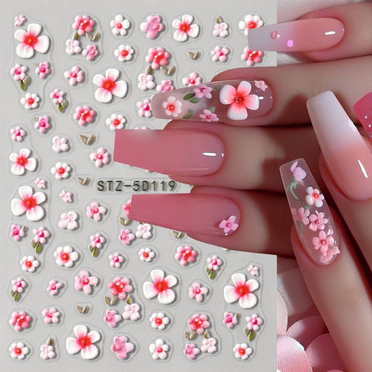 5D Flowers Nail Stickers for Nail Art Cute Bee Ladybug Small Floral Nail Decals Self-Adhesive Summer Nail Art Stickers Strawberry Peach Blossom Leaf Nail Design Manicure Supplies for Women 4 Sheets