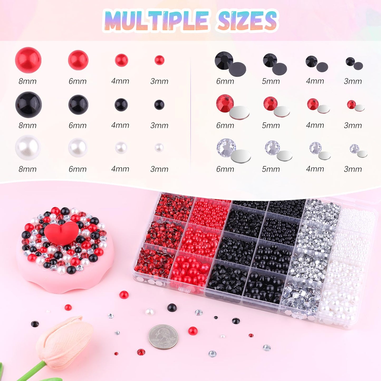 9000Pcs Flatback Pearls and Rhinestones for Crafting, Red White Black Mixed Size 3-8mm Resin Rhinestones and Half Pearls for Bedazzling, Nail Art with Tweezers and Pickup Pencil