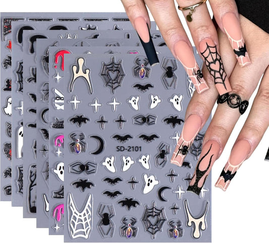 6 Sheets Halloween Nail Stickers 5D Self Adhesive Bat Skull Pumpkin Spider Designs Cute Ghost Nail Art Stickers Halloween DIY Manicure Charms for Holiday Decoration for Women